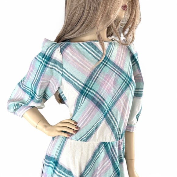80s Teal & Lilac Plaid Wool Dress | Puff Sleeve Cottagecore Pastel Aesthetic | S - Picture 4 of 8